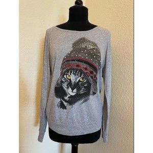 Cat Long Sleeve T Shirt -Pearls and Beaded Accent -Gray - Sz M